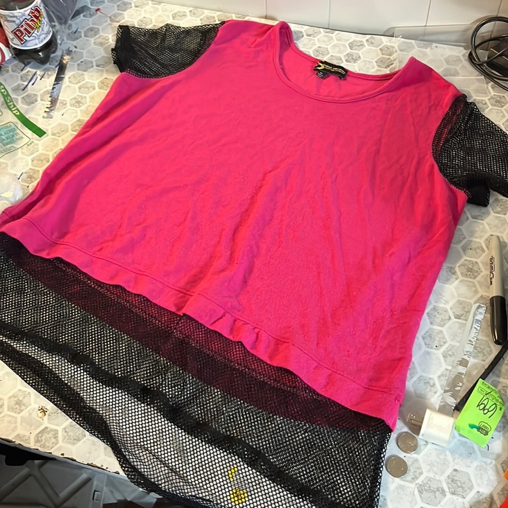 Serena Williams 1X Pink Black Fish Net Layered Blouse